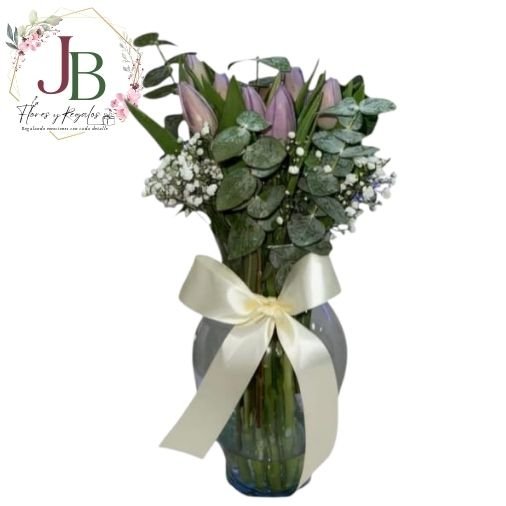 FLORERO DE 10 TULIPANES CON FOLLAJE"