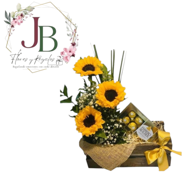 Guacal 3 girasoles y bombones Ferrero Rocher