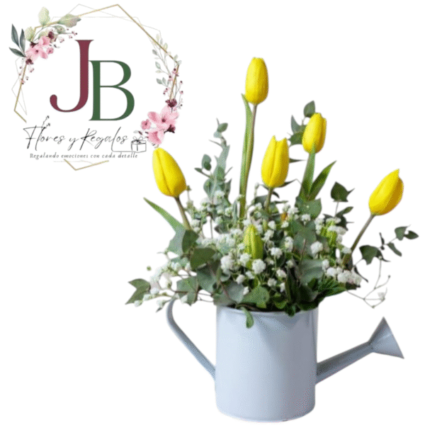 Regadera con 5 Tulipanes y Follaje