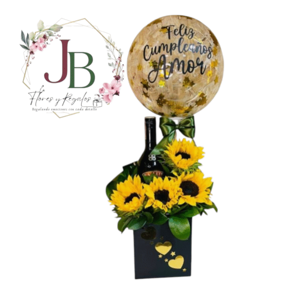 IMG-20250918-WA0059 CAJA DE 4 GIRASOLES, BAILEYS CON GLOBO BURBUJA PERSONALIZADO