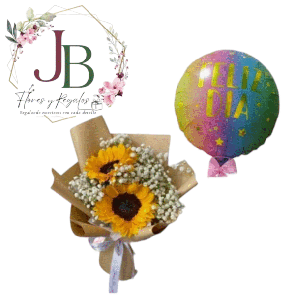 RAMO DE 2 GIRASOLES CON FOLLAJE Y GLOBO METALIZADO
