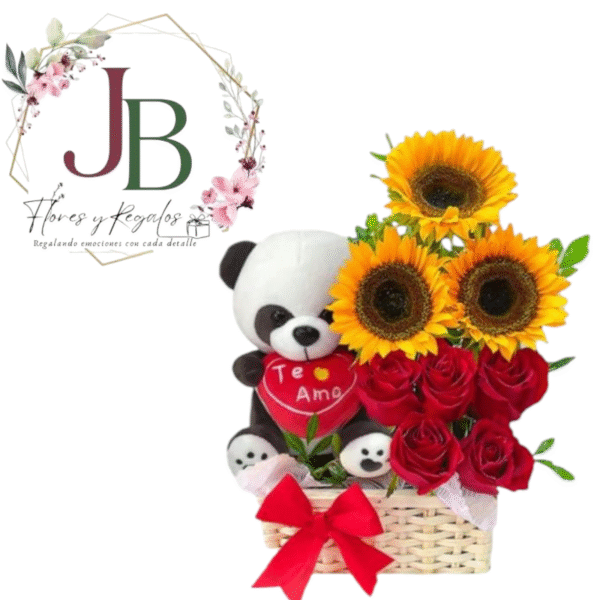 BASE DE 5 ROSAS CON GIRASOLES Y PELUCHE