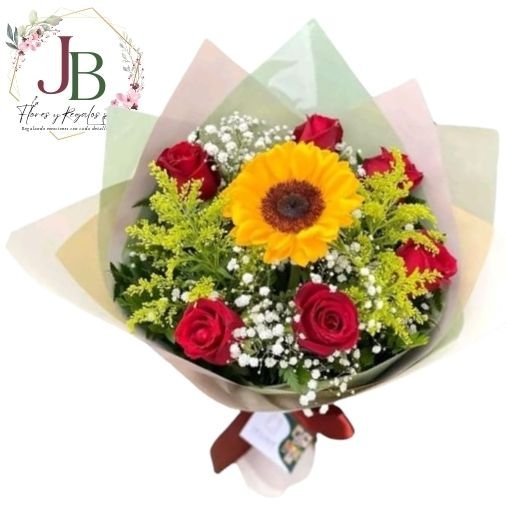 RAMO DE 6 ROSAS Y GIRASOL"
