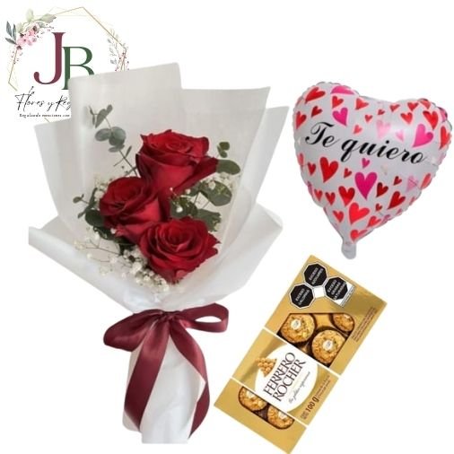 RAMITO DE 3 ROSAS CON GLOBO Y BOMBONES"