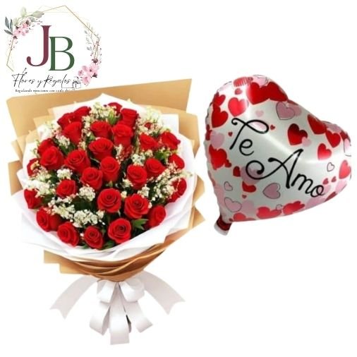 RAMO DE 30 ROSAS Y GLOBO