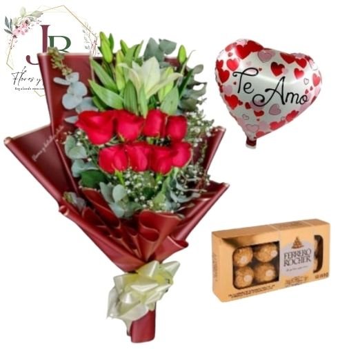 RAMO DE 8 ROSAS GLOBO Y BOMBONES"