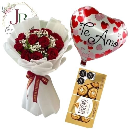 HERMOSO RAMO 11 ROSAS, GLOBO Y BOMBONES"