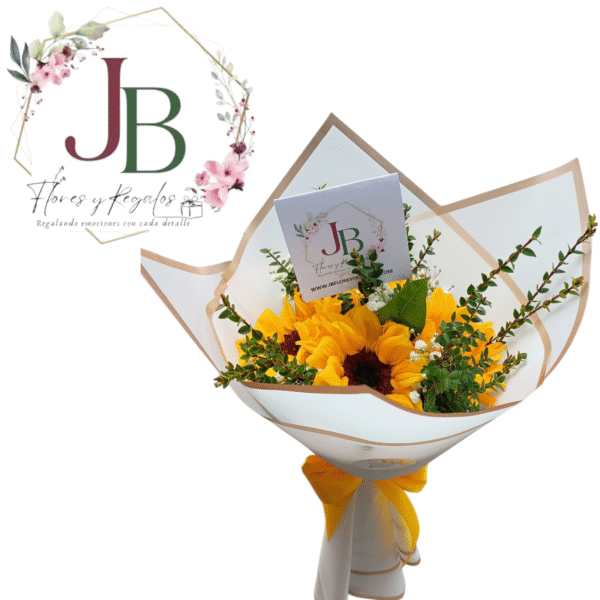 HERMOSO RAMO DE 4 GIRASOLES Y FOLLAJE