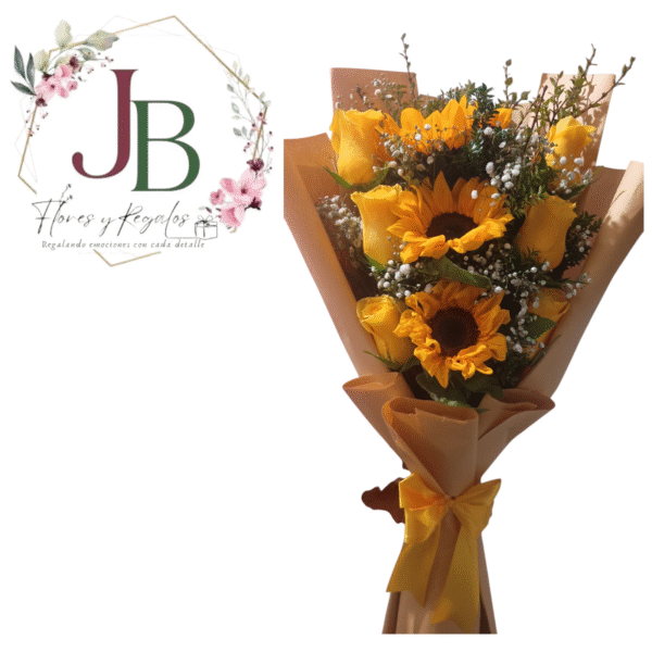 ESPECTACULAR RAMO DE 6 ROSAS AMARILLAS Y 3 GIRASOLES