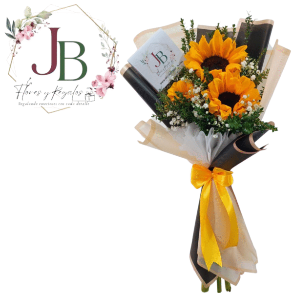 HERMOSO RAMO DE 3 GIRASOLES Y FOLLAJE
