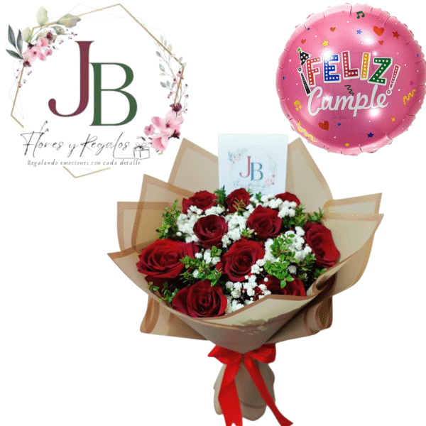 HERMOSO RAMO 10 ROSAS Y GLOBLO METALIZADO