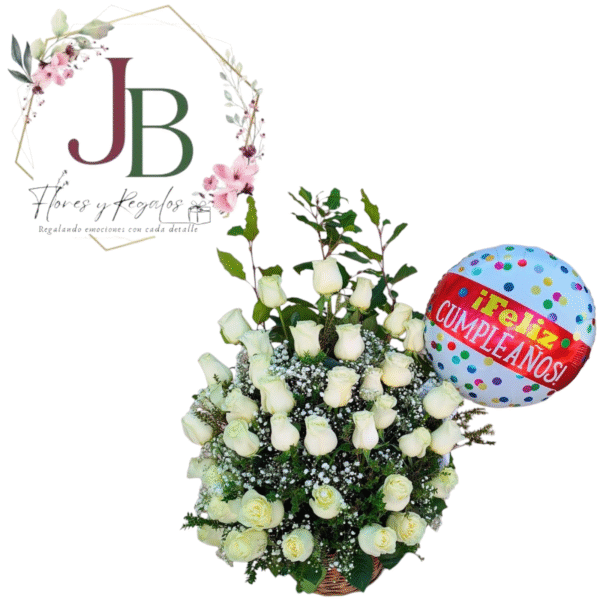 CANASTA DE 35 ROSAS Y GLOBO METALIZADO