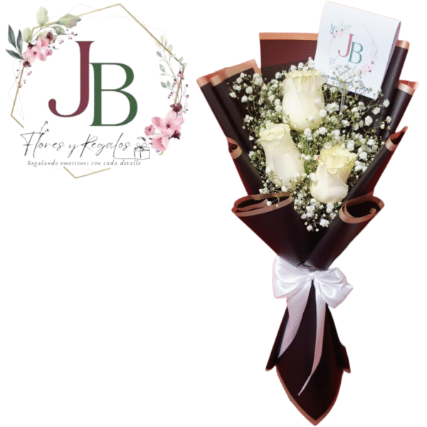 HERMOSO RAMO DE 3 ROSAS BLANCAS CON FOLLAJE E ILUMINACION