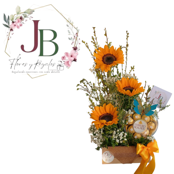 HERMOSO ARREGLO DE 3 GIRASOLES Y BOMBON FERRERO X8