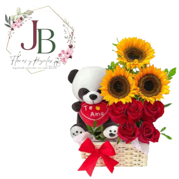 BASE DE 5 ROSAS CON GIRASOLES Y PELUCHE