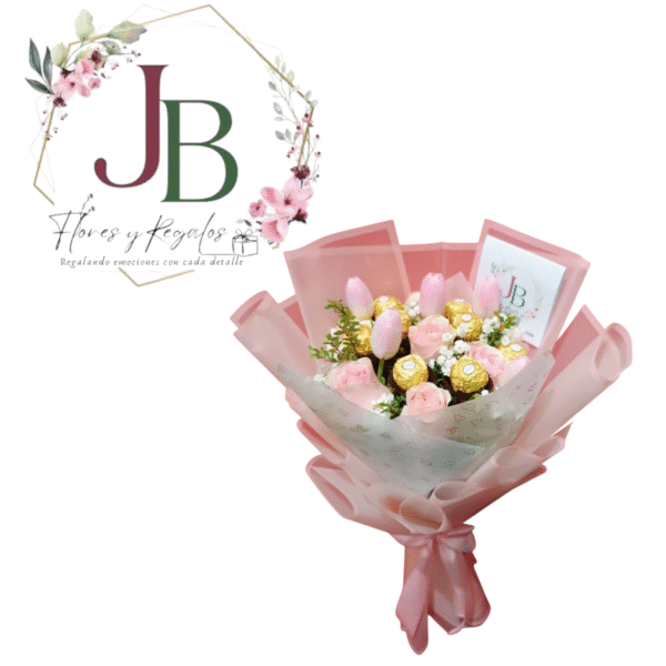HERMOSO RAMO DE TULIPANES ROSAS Y BOMBONES FERREROS