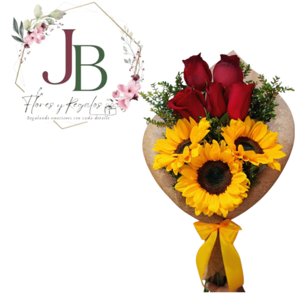 HERMOSO RAMO DE 5 ROSAS Y 3 GIRASOLES