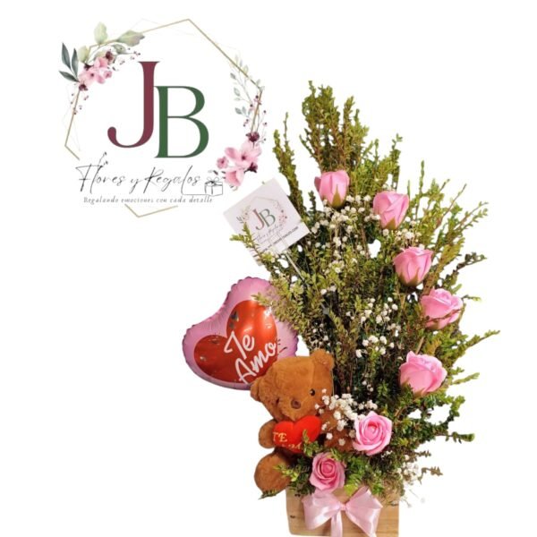 HERMOSO ARREGLO DE 7 ROSAS ETERNAS Y PELUCHE