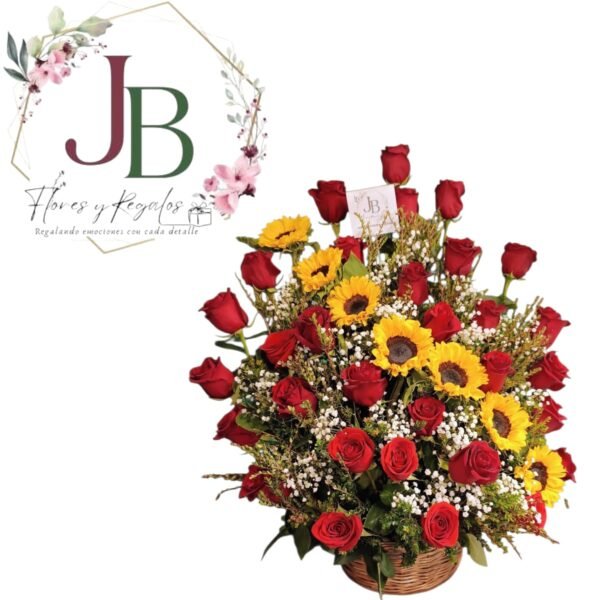FABULOSA CANASTA DE ROSAS Y GIRASOLES