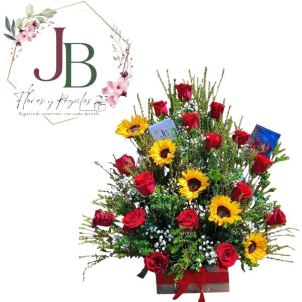 ESPECTACULAR ARREGLO DE ROSAS Y GIRASOLES