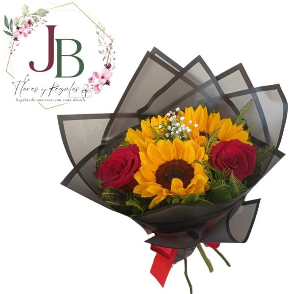 RAMO DE 3 GIRASOLES Y 3 ROSAS ROJAS